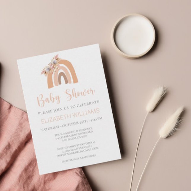 Floral Pink Boho Rainbow Pampas Grass Baby Shower Invitation (Creator Uploaded)