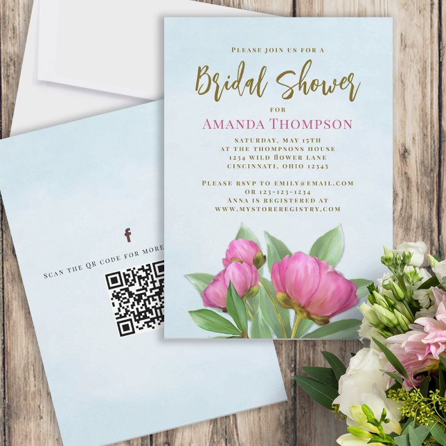 Floral Pink Botanical Elegant Peonies QR Code Invitation (Creator Uploaded)