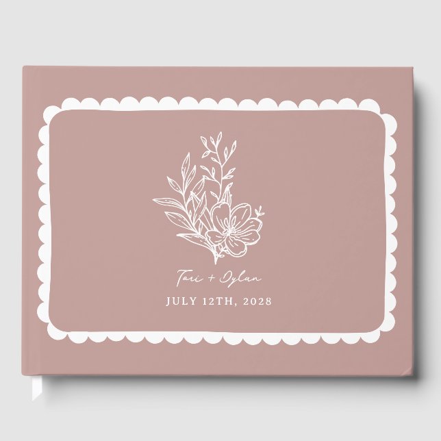 Floral Pink Bouquet Scalloped Wedding Guest Book (Front)