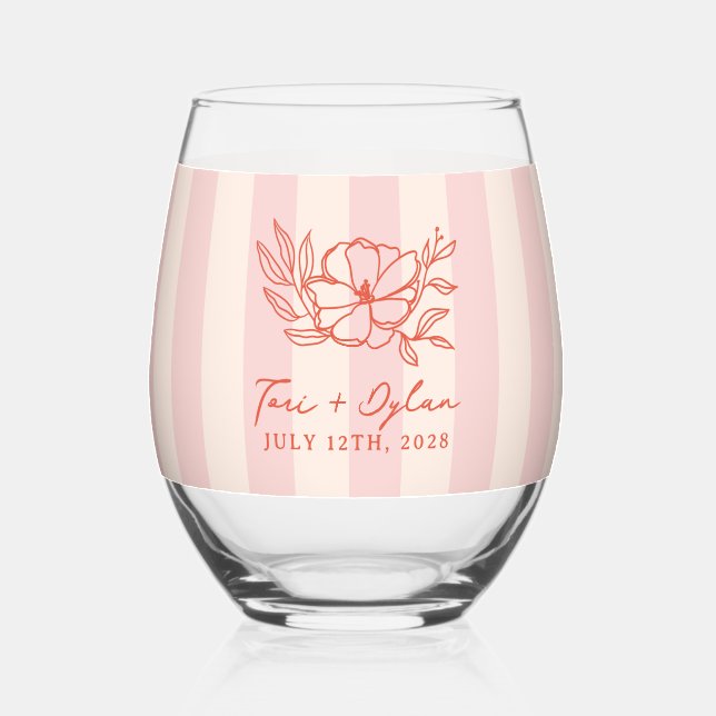 Floral Pink Bouquet Stripe Wedding Stemless Wine Glass (Front)