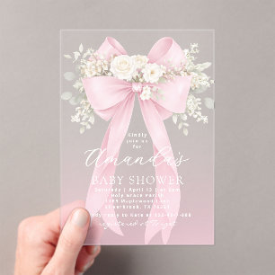 Floral Pink Bow Baby in Bloom Baby Shower Acrylic Invitations