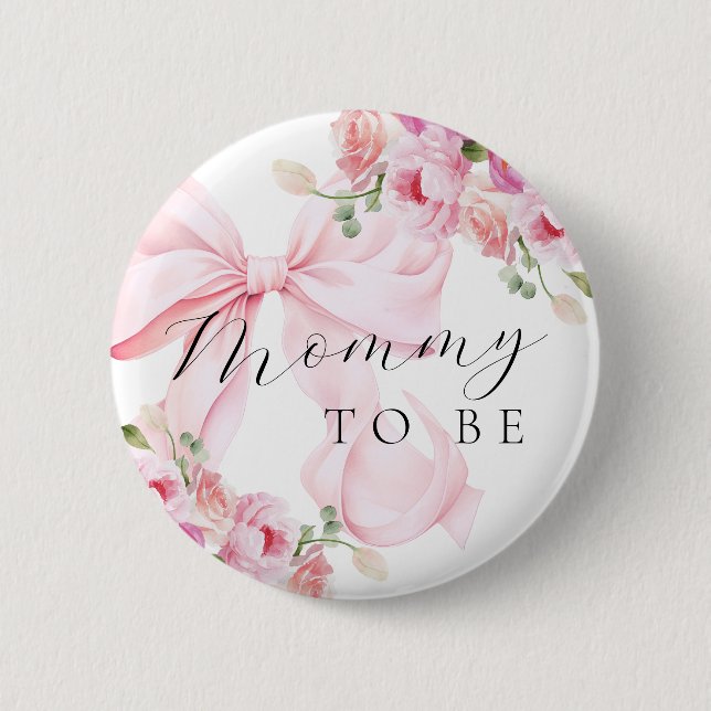 Floral Pink Bow Baby Shower 2 Inch Round Button (Front)