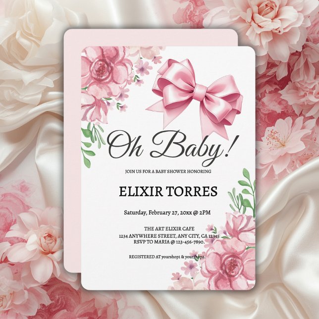 Floral Pink Bow Baby Shower Invitation (Creator Uploaded)