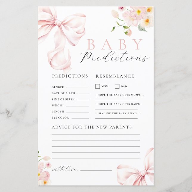 Floral Pink Bow Baby Shower Prediction Advice Game (Front)