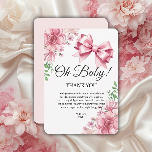 Floral Pink Bow Baby Shower Thank You Card (Creator Uploaded)