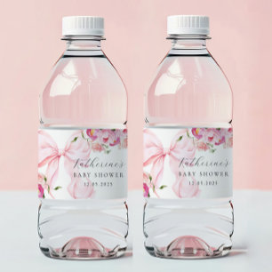 Floral Pink Bow Baby Shower Water Bottle Label