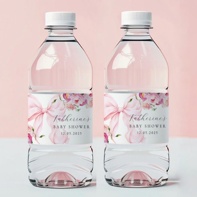Floral Pink Bow Baby Shower Water Bottle Label (Creator Uploaded)