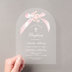 Floral Pink Bow Baptism Acrylic Invitations