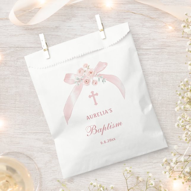 Floral Pink Bow Baptism Favour Bag (Clipped)