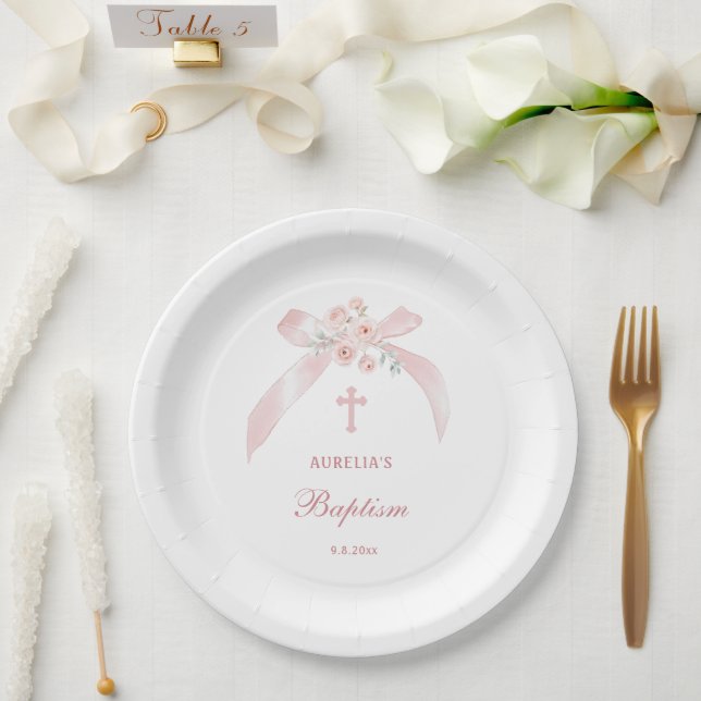 Floral Pink Bow Baptism Paper Plate (Wedding)