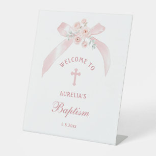 Floral Pink Bow Baptism Welcome Pedestal Sign