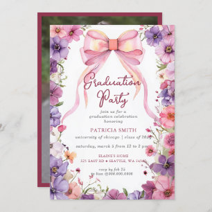 Floral Pink Bow Coquette Photo Graduation Party Invitation