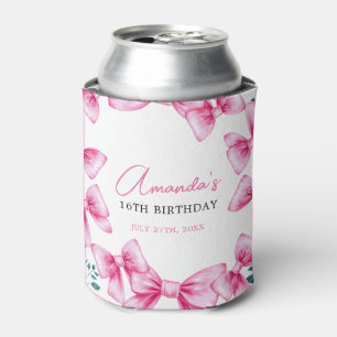 Floral Pink Bow Coquette Sweet 16 Birthday Can Cooler