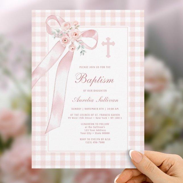 Floral Pink Bow Gingham Baptism Invitation (Creator Uploaded)