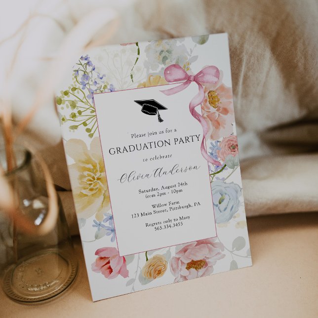 Floral Pink Bow Graduation Party Invitation (Creator Uploaded)