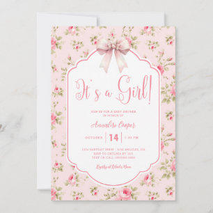 Floral Pink Bow It's A Girl Baby Shower Invitation