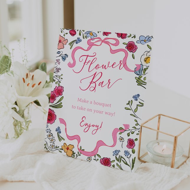 Floral Pink Bow She's Tying the Knot Flower Bar Pedestal Sign (Floral Pink Bow She's Tying the Knot Flower Bar Pedestal Sign)
