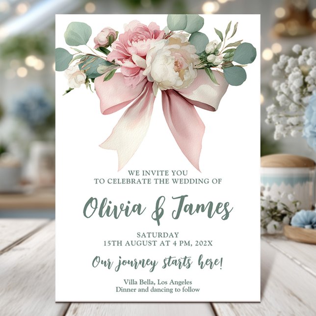 Floral pink bow wedding card (Creator Uploaded)