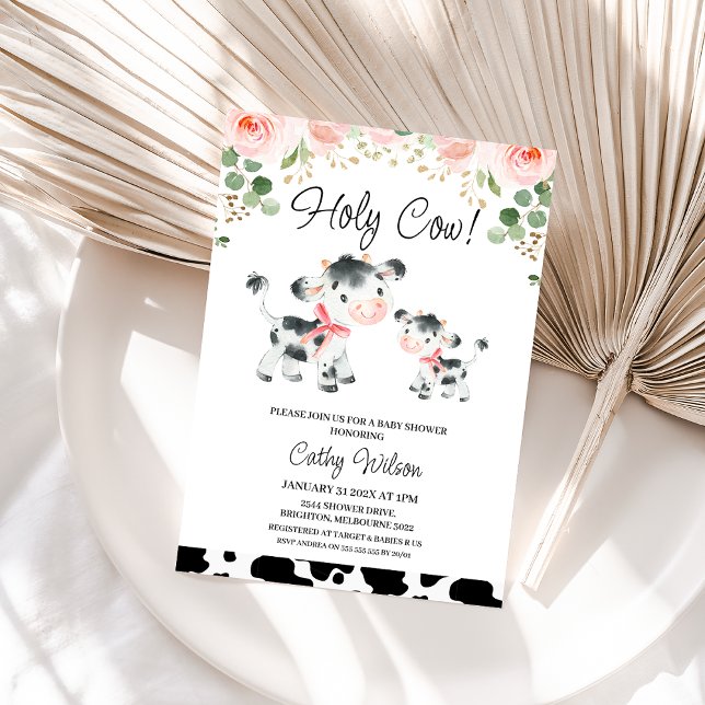 Floral Pink Bows Holy Cow Baby Shower Invitation (Pink Floral Holy Cow Baby Shower Invitation, Pink Bows Cow Calf Baby Shower Invitation Baby Girl)