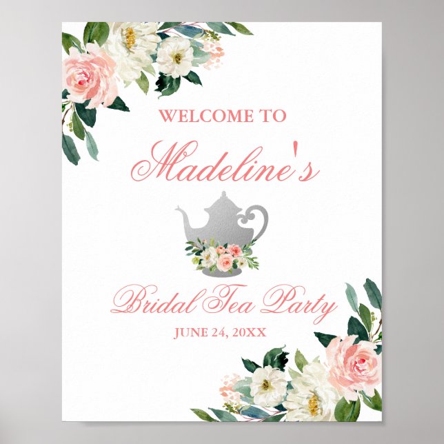 Floral Pink Bridal Shower Tea Party Silver Welcome Poster (Front)