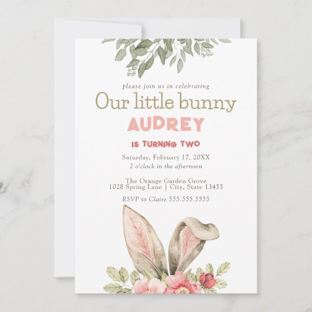 Floral Pink Bunny Girl Birthday Invitation (Front)