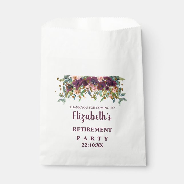 Floral Pink, Burgundy and Glitter Retirement Party Favour Bag (Front)