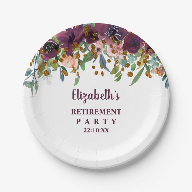 Floral Pink, Burgundy and Glitter Retirement Party Paper Plate (Front)