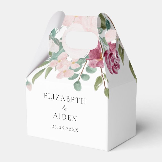 Floral Pink & Burgundy Watercolor Wedding Favor Box (Front Side)