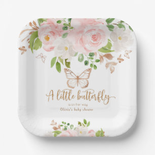 Floral pink butterfly baby shower paper plate