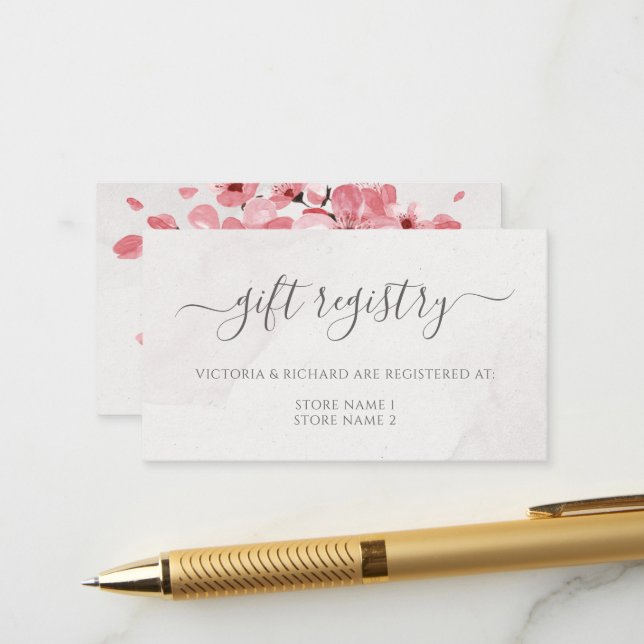 Floral Pink Cherry Blossom Wedding Gift Registry Enclosure Card (Front/Back In Situ)