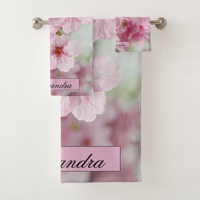 Floral Pink Cherry Blossoms Photography Bath Towel Set (Insitu)