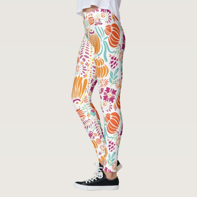 Floral Pink Coral Green Plum Blue Art Deco Pattern Leggings (Left)
