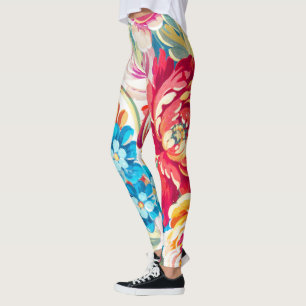 Floral Pink Coral Green Teal Vintage Rose Pattern Leggings