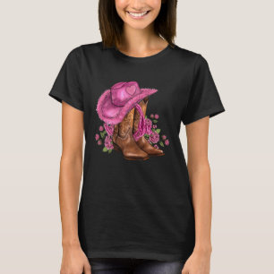 Floral Pink Cowgirl Boots And Hat Valentines Weste T-Shirt