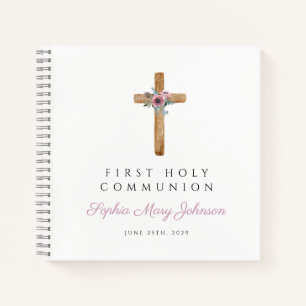 Floral Pink Cross Girl First Communion Guestbook Notebook