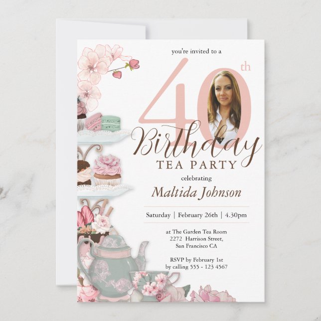Floral Pink Custom Photo Tea Party 40th Birthday  Invitation (Front)