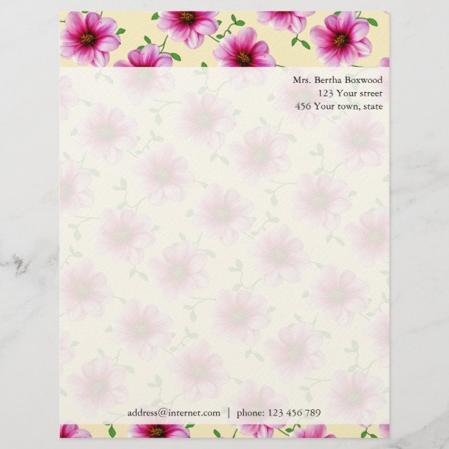 Floral Pink Dahlia Flowers Photo Custom Address Letterhead (Front)