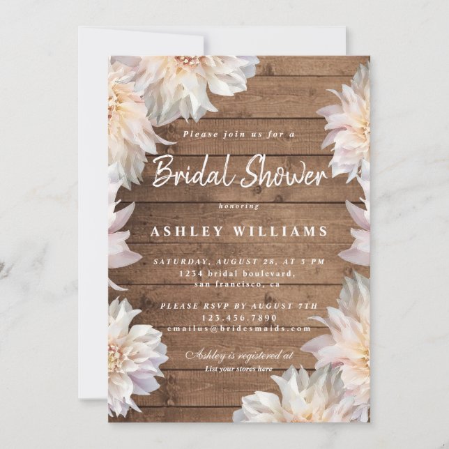 Floral Pink Dahlia Rustic Wood Bridal Shower Invitation (Front)