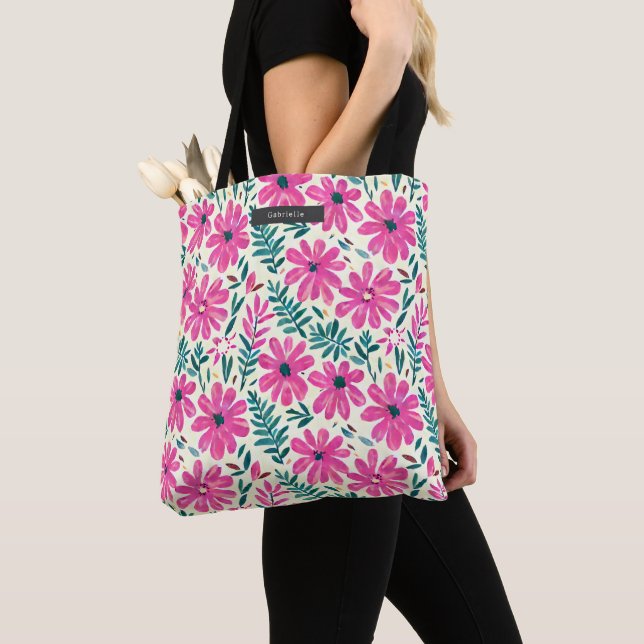 Floral Pink Daisy Watercolor Botanical Pattern Tote Bag (Close Up)