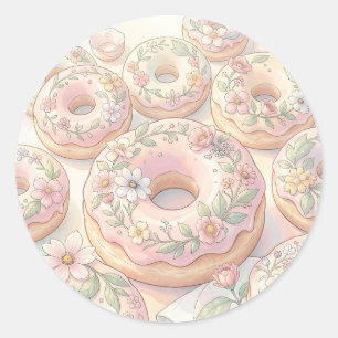 Floral Pink Doughnuts Pastel Illustration Classic Round Sticker