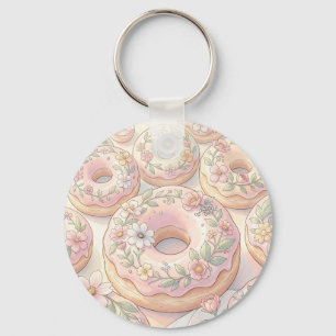 Floral Pink Doughnuts Pastel Illustration Keychain