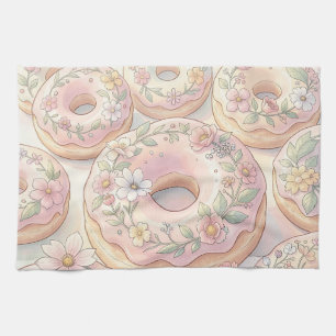 Floral Pink Doughnuts Pastel Illustration Kitchen Towel