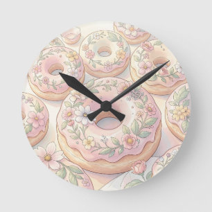 Floral Pink Doughnuts Pastel Illustration Round Clock