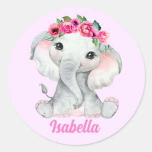 Floral Pink Elephant Personalized Name Classic Round Sticker