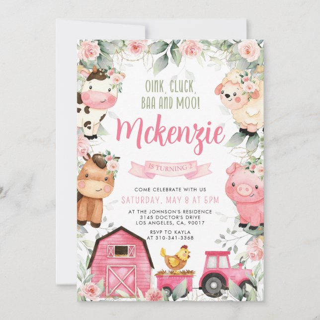 Floral Pink Farm Anniversaire Fête Invitation (Devant)