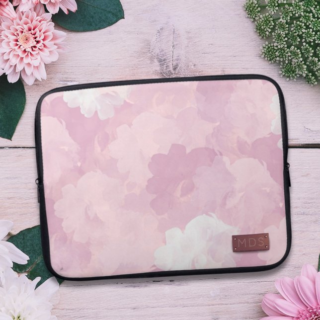Floral Pink Faux Rose Gold Monogram Laptop Sleeve (Creator Uploaded)