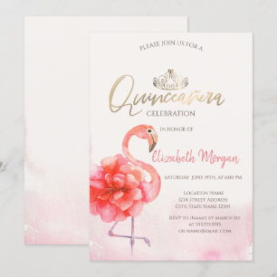 Floral Pink Flamingos Gold Tiara Quinceañera  Invitation