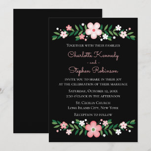Floral Pink Flowers Black Botanical Wedding Invitation