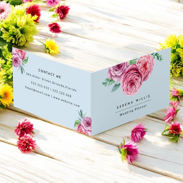 Floral Pink Flowers Blue Elegant Business Card (Creator Uploaded)