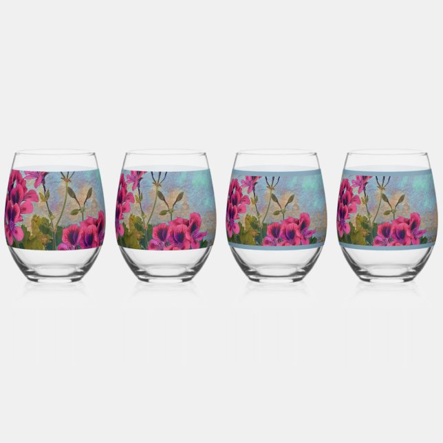 Floral/ Pink Flowers Muted background Stemless Wine Glass (Front)